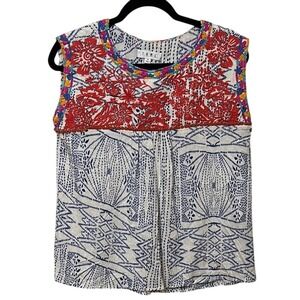 THML Red and‎ White Pleated Blouse Sleeveless Embroidered Florals